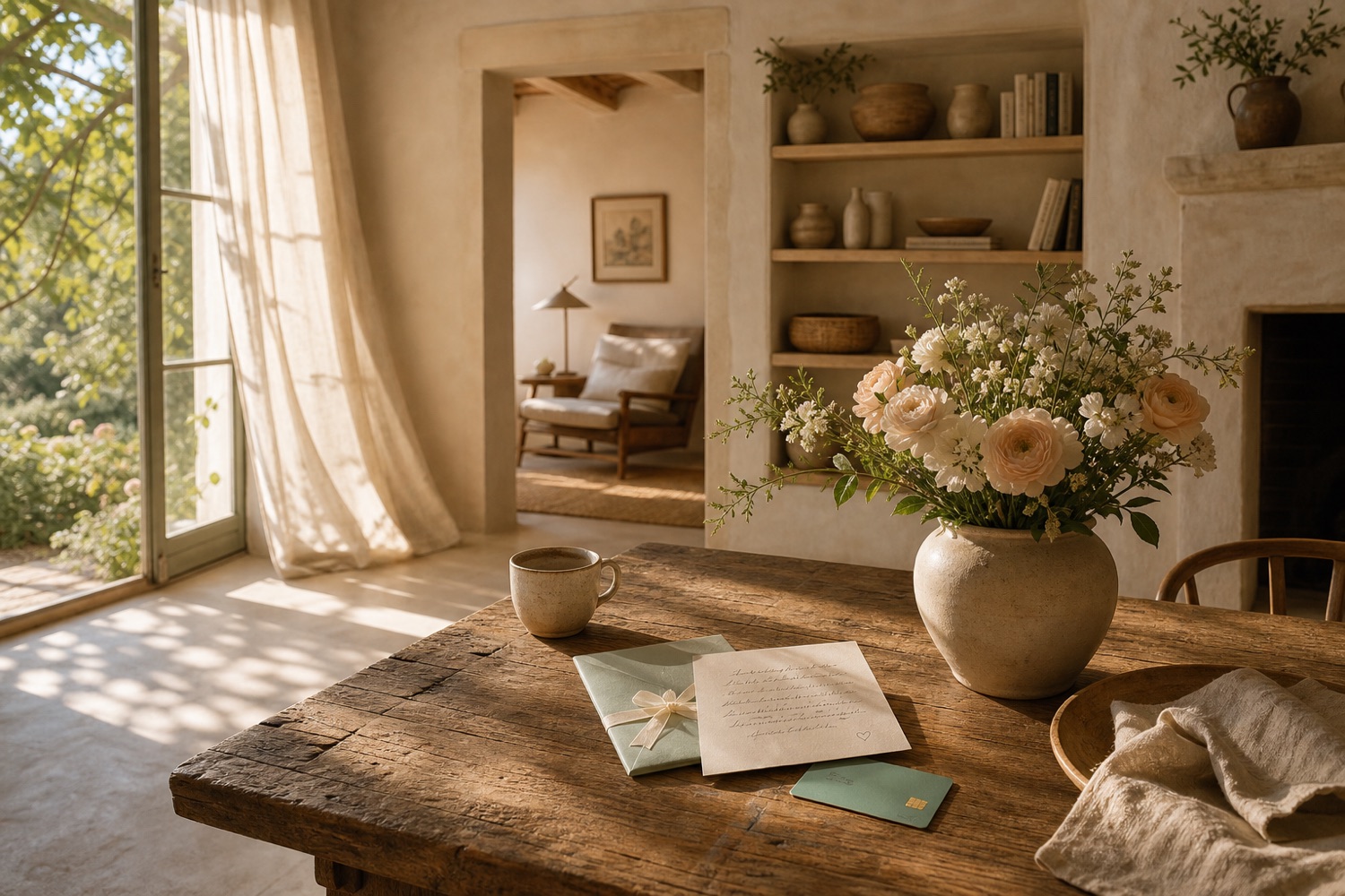 A quiet table with flowers, a handwritten note, and a small gift card prepared for someone loved.